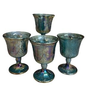 Vintage Indiana Glass Grape Harvest Iridescent Blue carnival Goblets Set of 4